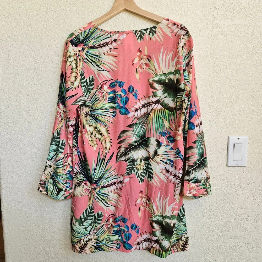 La Blanca Tropical V-Neck Tunic Beach Cover Sz Medium Coastal Grandma Resortwear